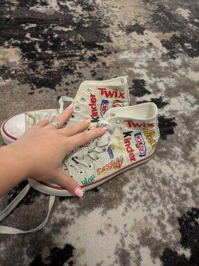 Custom Candy Logo Cream Canvas High Top Sneakers Womens 5